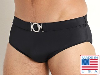 Model in black Rick Majors Retro Belted Swim Brief