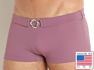 Model in mauve Rick Majors Retro Belted Swim Trunk