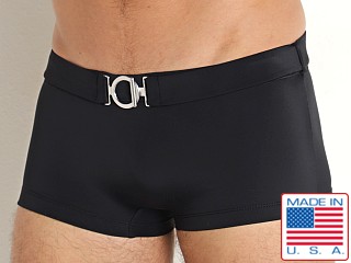 Model in black Rick Majors Retro Belted Swim Trunk