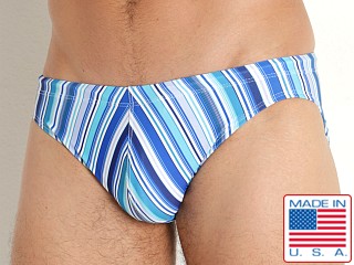 Model in blue stripes LASC St. Tropez Low Rise Swim Brief