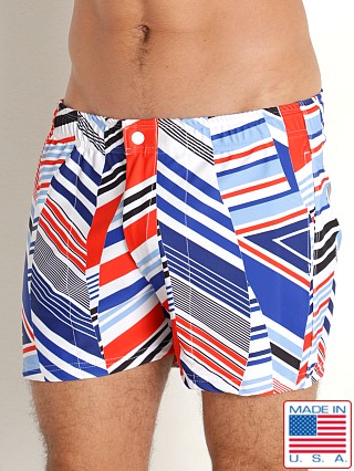 Model in swinging geo LASC Malibu Swim Shorts