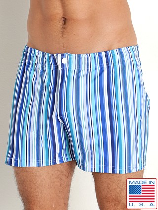 Model in blue stripes LASC Malibu Swim Shorts