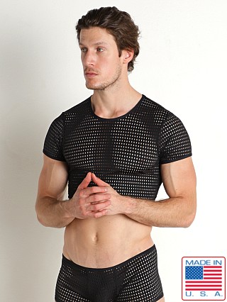 Model in black Rick Majors Stretch Mesh Cropped Tee