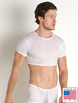 Model in white Rick Majors Stretch Mesh Cropped Tee