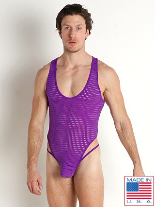 Model in purple Rick Majors Stretch Mesh Thong Bodysuit