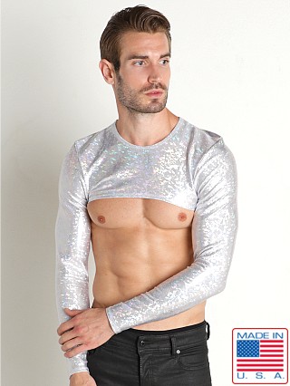 Model in silver Rick Majors Hologram Long Sleeve Crop Top