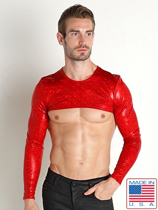 Model in red Rick Majors Hologram Long Sleeve Crop Top