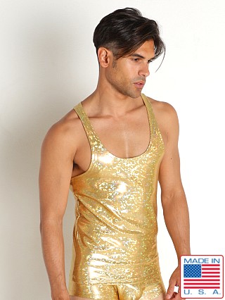 Model in gold Rick Majors Hologram Tank Top