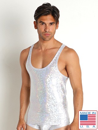 Model in silver Rick Majors Hologram Tank Top