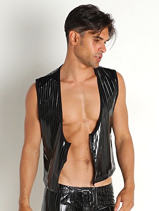 Model in black Manstore Shiny Patent Zipper Vest