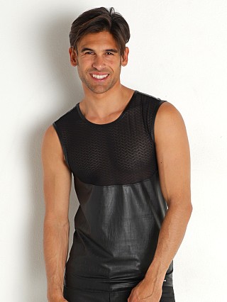 Model in black Manstore Faux Leather Slim Tank Top