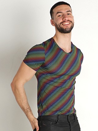 Model in rainbow Manstore Pride V-Neck T-Shirt