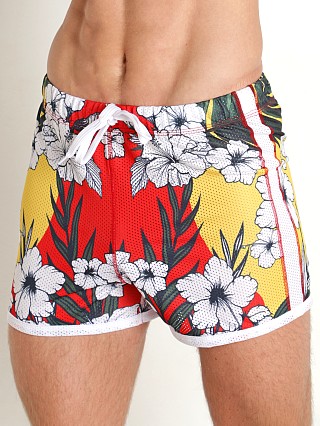 Model in hibiscus palm/red Jack Adams Mesh Freestyle Short