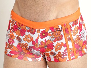 Model in flower power orange/pink Jack Adams Bali Swim Trunk