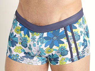 Model in flower power blue Jack Adams Bali Swim Trunk