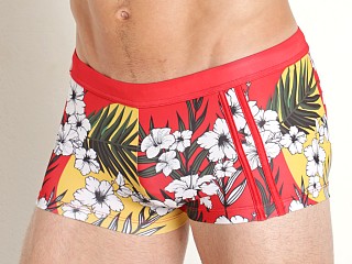 Model in hibiscus palm/red Jack Adams Bali Swim Trunk