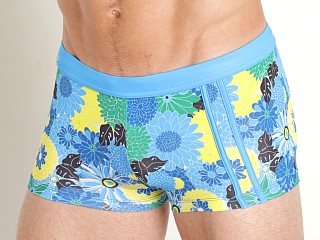 Model in flower power milano blue Jack Adams Bali Swim Trunk