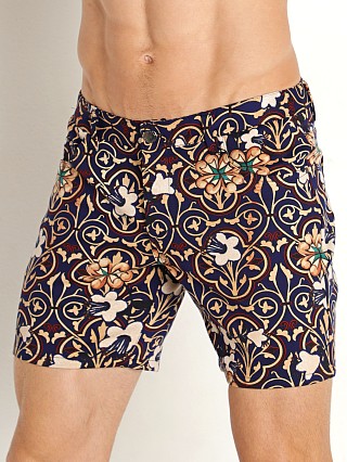 Model in khaki/navy mosaic floral St33le Printed Stretch Knit Jeans Shorts Khaki/Navy Mosaic