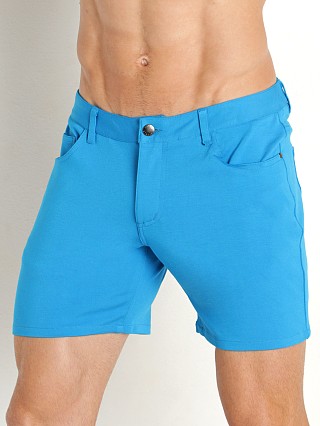 Model in mosaic blue St33le Stretch Knit Jeans Shorts