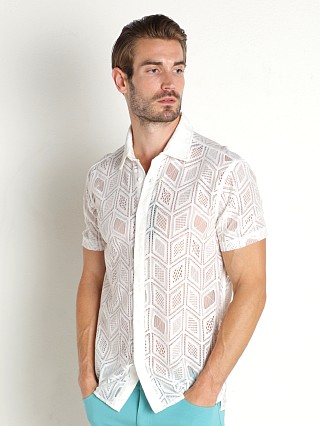 Model in white St33le Knit Lace Gossamer Short Sleeve Shirt