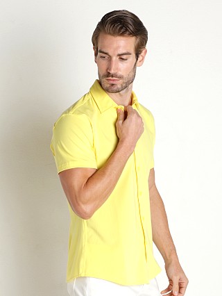 Model in yuzu yellow St33le Stretch Jersey Knit Short Sleeve Shirt