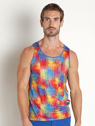 Model in rainbow smudge abstract St33le Printed Stretch Mesh Tank Top Rainbow