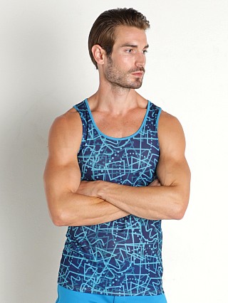 Model in navy/turquoise scribble St33le Printed Stretch Mesh Tank Top Navy/Turquoise