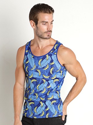 Model in blue/yellow bananas St33le Printed Stretch Jersey Knit Tank Top Blue/Yellow