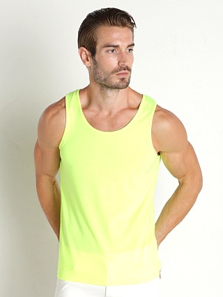 Model in neon yellow St33le Laser Cut Stretch Jersey Tank Top