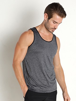 Model in charcoal St33le Space Dye Stretch Mesh Performance Tank Top