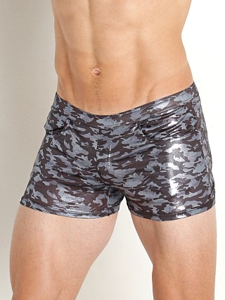 Model in black/silver camo St33le Stretch Metallic Camo Shorts