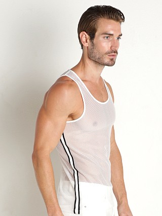 Model in white St33le Side Tape Stretch Mesh Tank Top