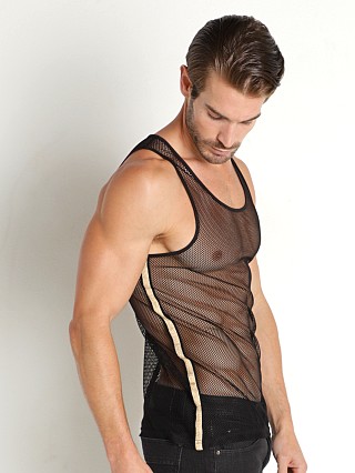 Model in black St33le Side Tape Stretch Mesh Tank Top