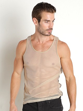 Model in nude St33le Side Tape Stretch Mesh Tank Top