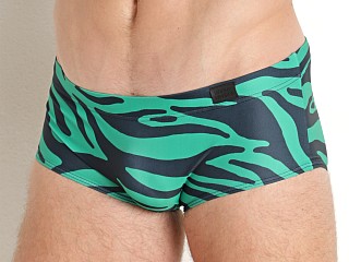 Model in green Modus Vivendi Tiger Brazil Cut Swim Trunk