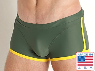 Model in olive Go Softwear Seychelles Square Cut Swim Trunk