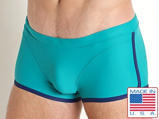 Model in teal Go Softwear Seychelles Square Cut Swim Trunk