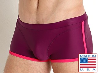 Model in plum Go Softwear Seychelles Square Cut Swim Trunk