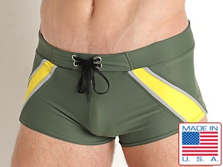 Model in olive Go Softwear Zanzibar Square Cut Swim Trunk