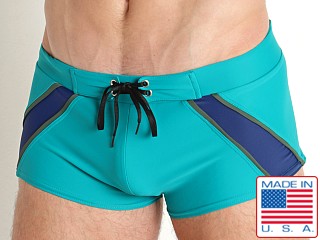 Model in teal Go Softwear Zanzibar Square Cut Swim Trunk