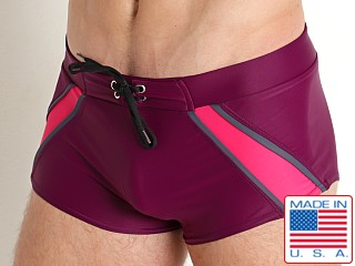 Model in plum Go Softwear Zanzibar Square Cut Swim Trunk