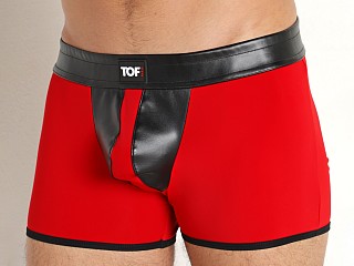 Model in red TOF Paris Bad Boy Eco-Leather Shorts