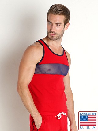 Model in red American Jock Phys Ed Track Tank Top