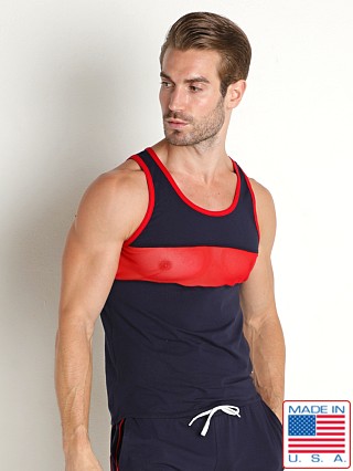 Model in navy American Jock Phys Ed Track Tank Top