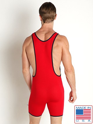 Model in red American Jock Phys Ed Super Scoop Singlet