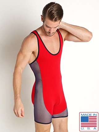 Model in red American Jock Phys Ed Wrestling Singlet