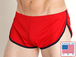 Model in red American Jock Phys Ed Cool-Down Short