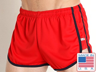 Model in red American Jock Phys Ed Track Short