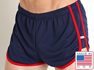 Model in navy American Jock Phys Ed Track Short