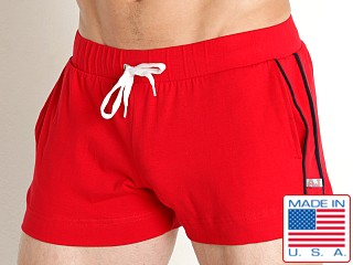 Model in red American Jock Phys Ed Volley Pocket Short